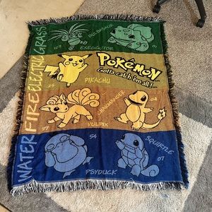 Vintage Used Pokémon Woven Tapestry Blanket Northwest Co 90s Water Fire Grass